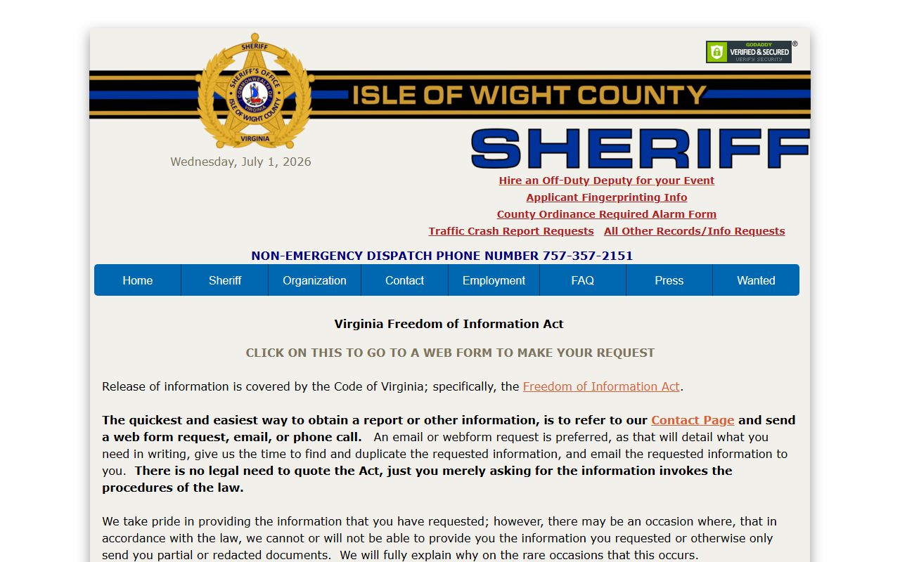 Isle of Wight County sheriff FOIA request path for jail mugshots and booking photos